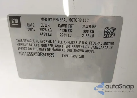 2013 Chevrolet Malibu 1Lt from USA, damaged, VIN 1G11C5SA5DF347639